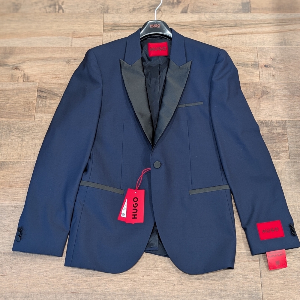 $545 Mens HUGO Hugo Boss Peak Lapel Stretch Wool Blend Dinner Jacket Blue US 38R